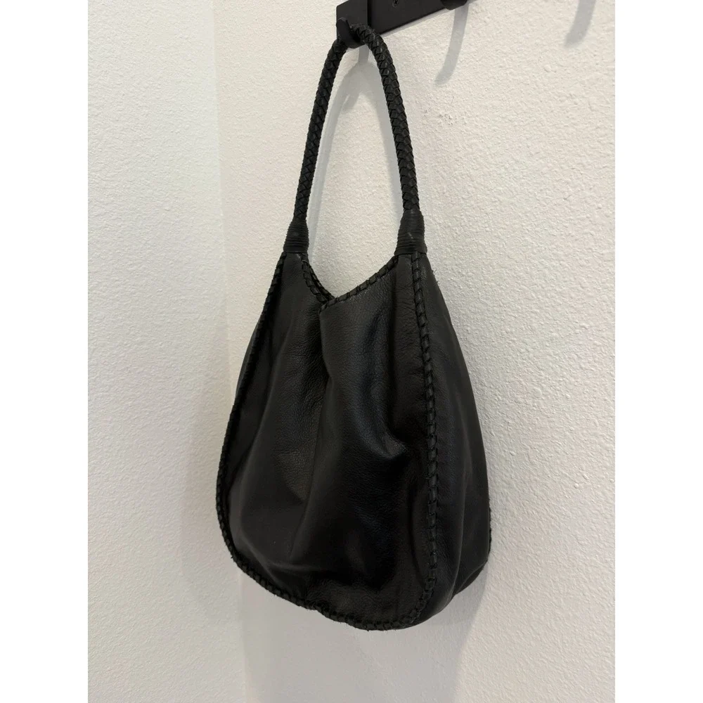 Margot Black Leather Large Hobo Style Shoulder Bag Tote Wrapped Braided Handles